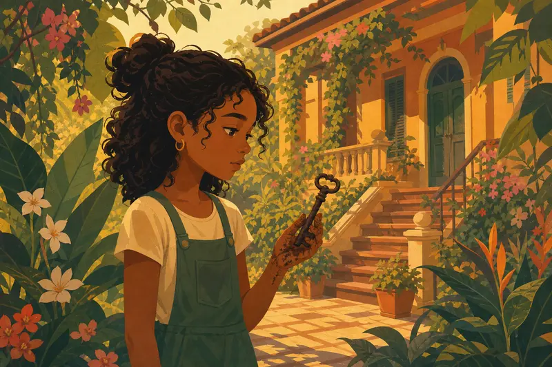Cover illustration for The Key in the Garden, A1 Spanish story