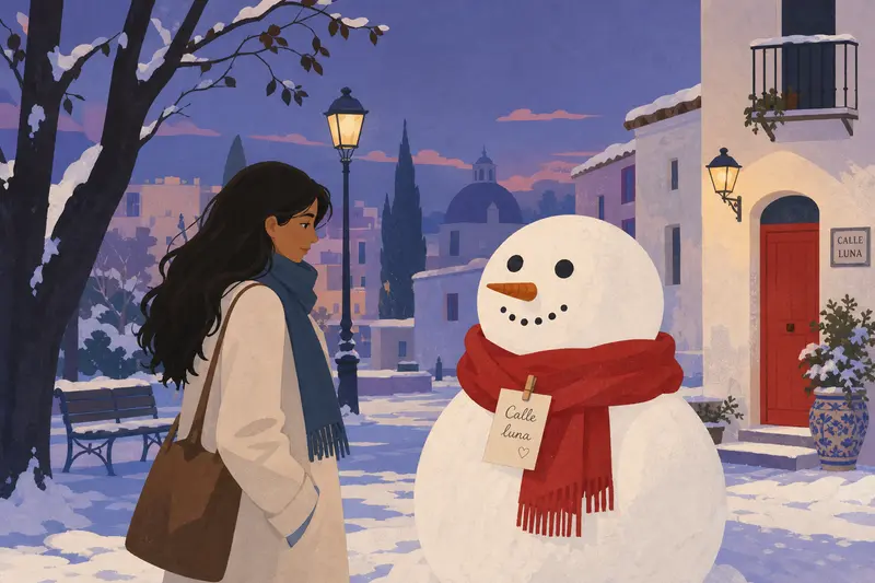 Cover illustration for Red Scarf on a Snowman, A1 Spanish story
