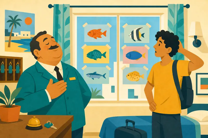 Cover illustration for A Room with a Fish, A1 Spanish story