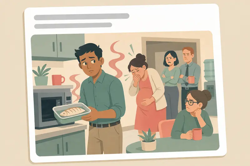 Cover illustration for AITJ for heating up leftover fish in the office breakroom?, B2 Spanish story