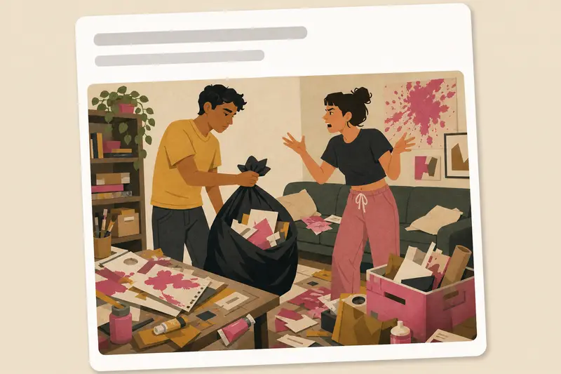 Cover illustration for AITJ for throwing away my roommate's 'art project' that looked like garbage?, B1 Spanish story