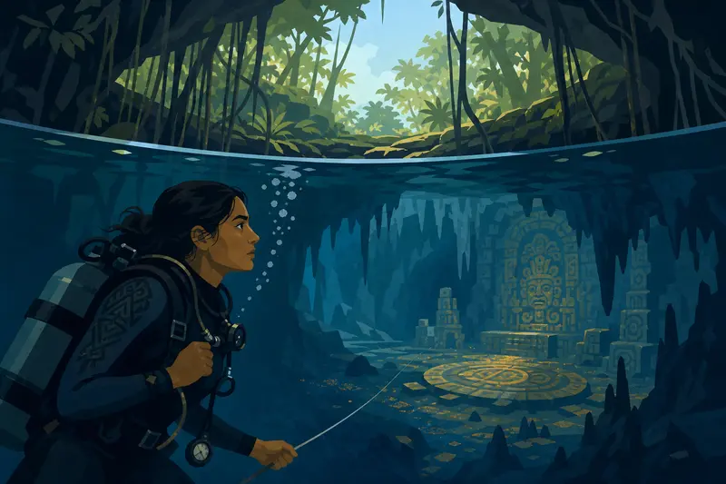 Cover illustration for The Cenote's Thousand-Year Secret, B1 Spanish story