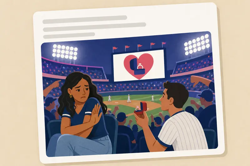 Cover illustration for AITJ for saying no to my boyfriend's public marriage proposal at a baseball game?, B2 Spanish story