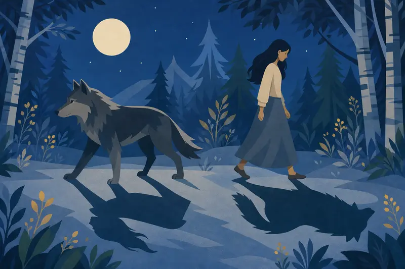 Cover illustration for The Girl With the Wolf's Shadow, B1 Spanish story