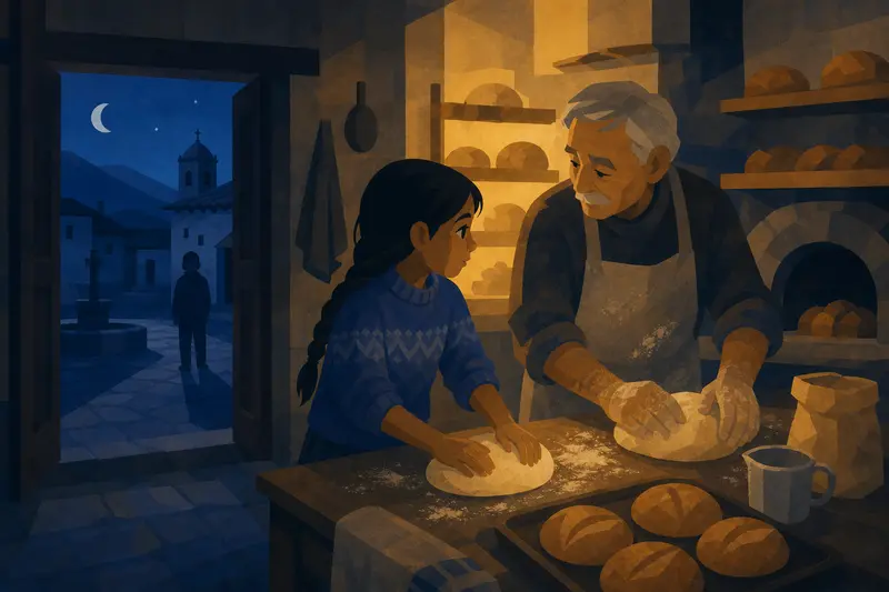 Cover illustration for Warm Bread, Cold Night, A0 Spanish story