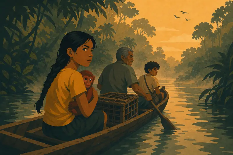 Cover illustration for Upriver Before Dawn, A2 Spanish story