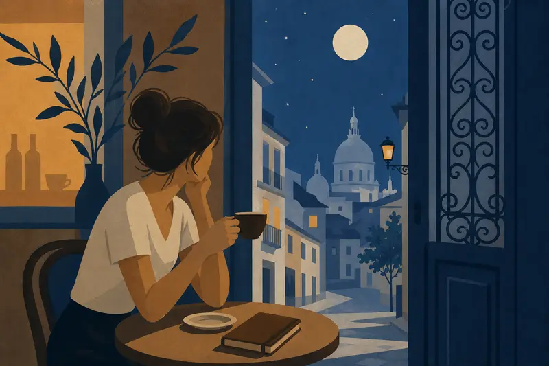 Cover illustration for Coffee With the Moon, A2 Spanish story