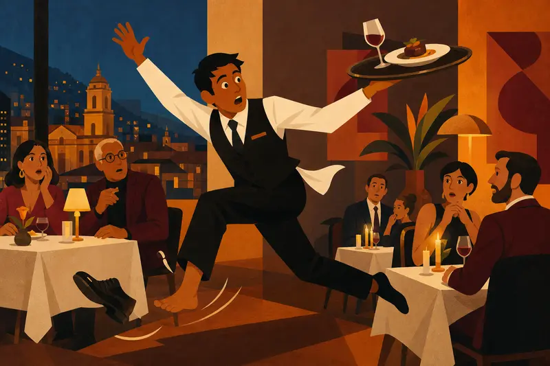 Cover illustration for The Waiter Who Could Not Fall, A2 Spanish story