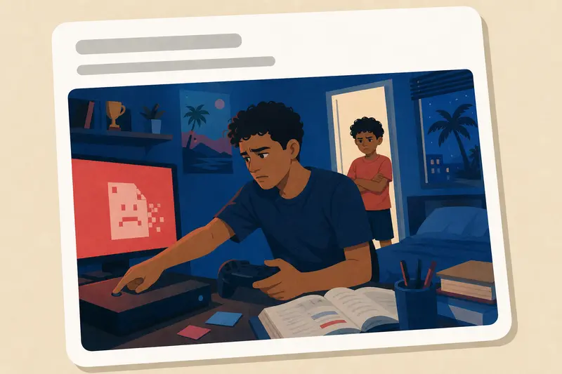 Cover illustration for AITJ for deleting my little brother's 200-hour game save because he kept playing my console while I was studying?, B2 Spanish story