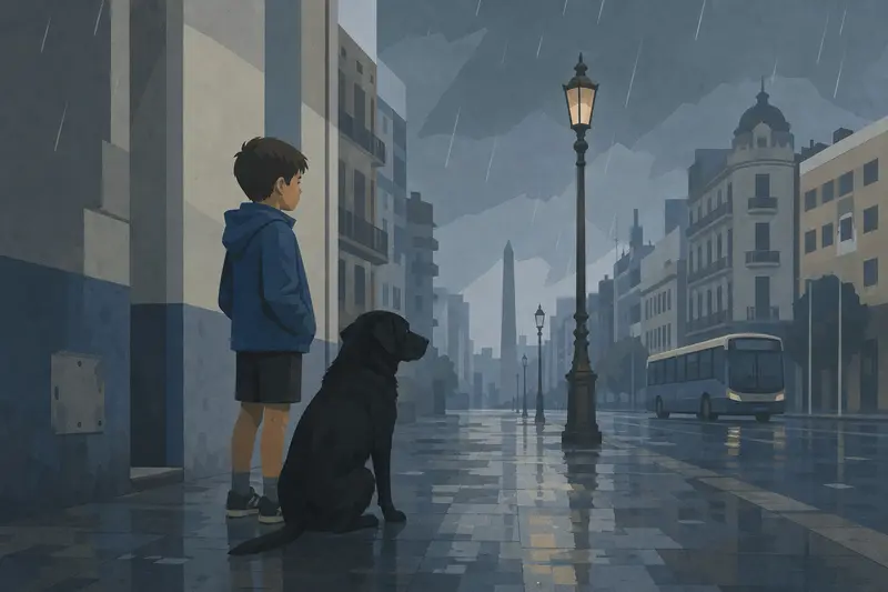 Cover illustration for The Black Dog in the Rain, A0 Spanish story