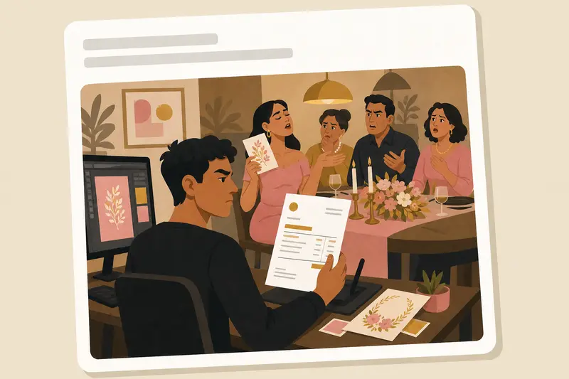 Cover illustration for AITJ for sending my cousin a standard industry invoice for the 'casual' graphic design work I did for her wedding invitations, after she dismissed my professional portfolio as 'just a cute hobby'?, C1 Spanish story