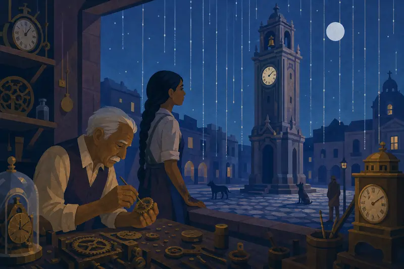Cover illustration for The Midnight That Stood Still, B1 Spanish story