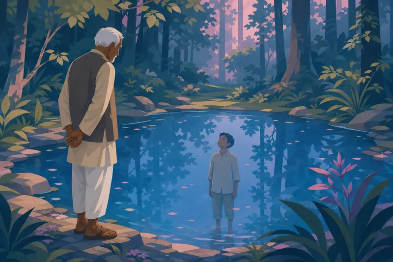 Cover illustration for The Lake That Remembers, A1 Spanish story