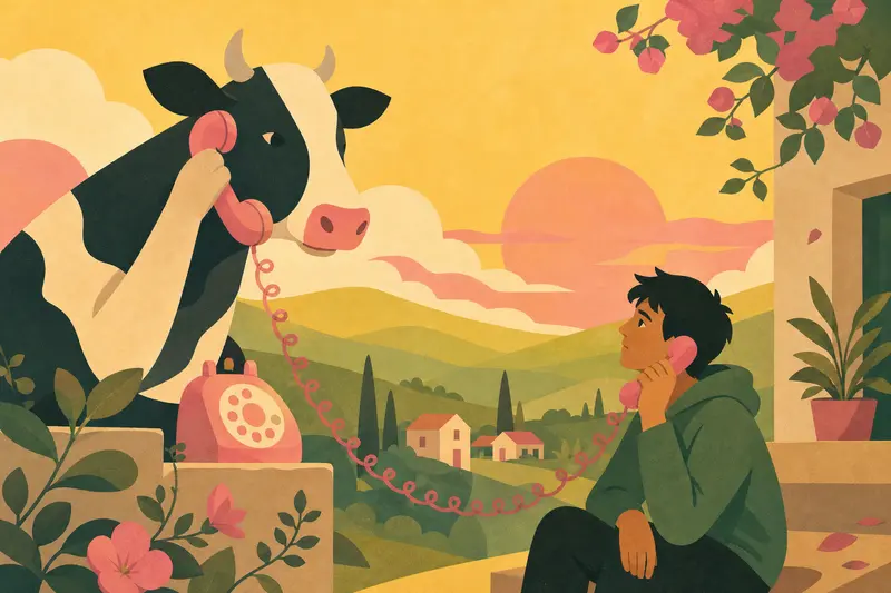 Cover illustration for The Cow on the Line, A1 Spanish story