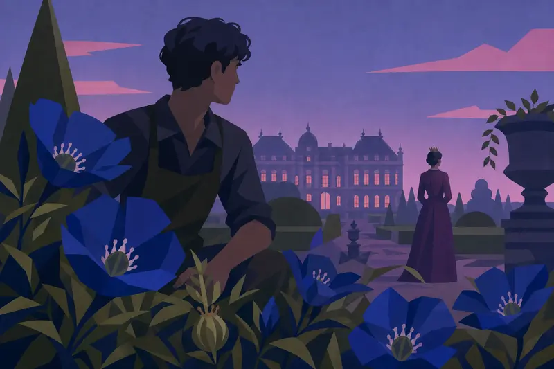 Cover illustration for The Blue Flowers in the Queen's Garden, B2 Spanish story