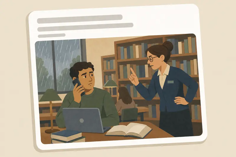 Cover illustration for AITJ for taking a work call in the quiet section of the library?, A2 Spanish story