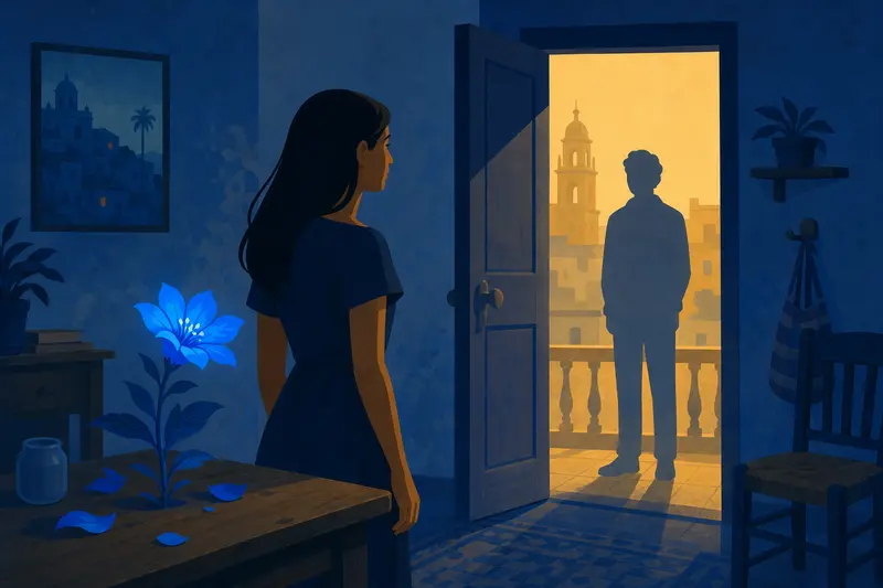 Cover illustration for The Blue Flower That Opens Doors, A0 Spanish story