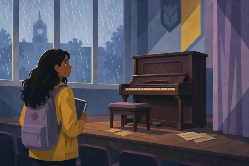 Cover illustration for The Rainy Day Pianist, A2 Spanish story