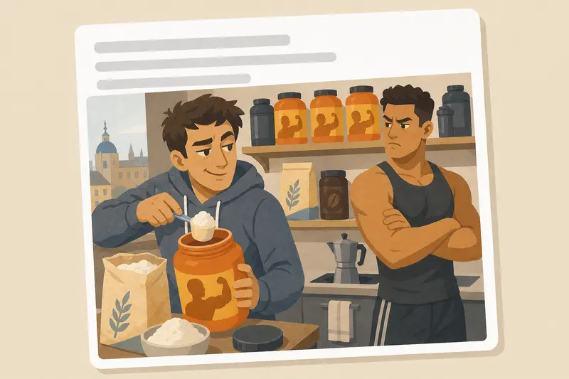 Cover illustration for AITJ for covertly switching my roommate's high-performance protein powder with simple flour to demonstrate that his 'gains' are purely placebo and psychological?, C2 Spanish story