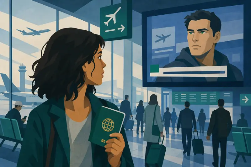 Cover illustration for Green Eyes at the Airport, A1 Spanish story