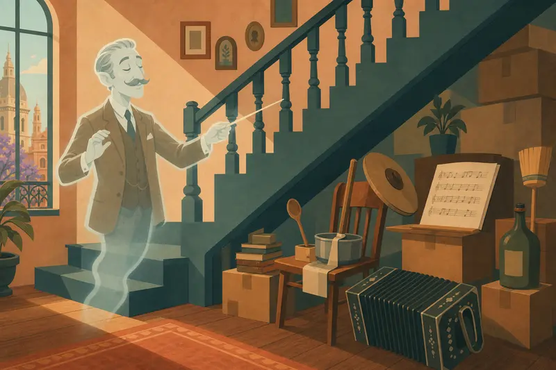 Cover illustration for The Concert Under the Stairs, A2 Spanish story