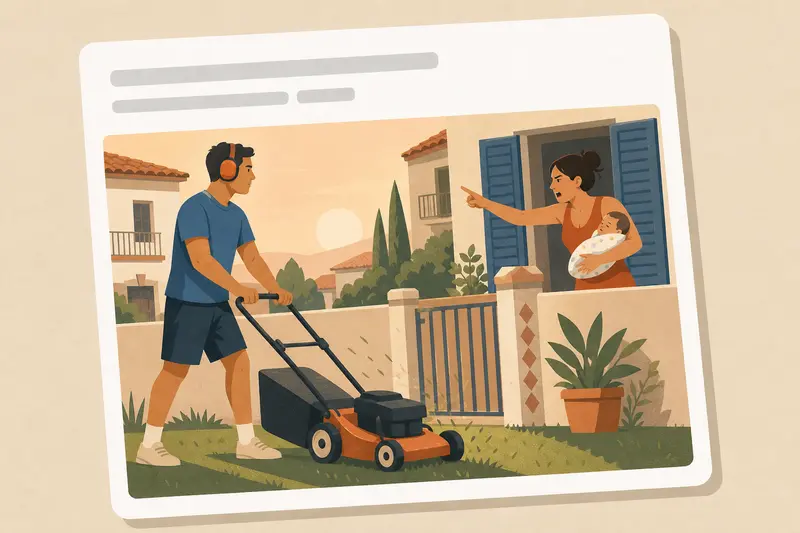 Cover illustration for AITJ for mowing my lawn at 6 AM on Sundays?, A2 Spanish story