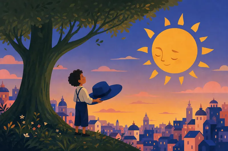 Cover illustration for The Boy Who Gives the Sun a Hat, A0 Spanish story