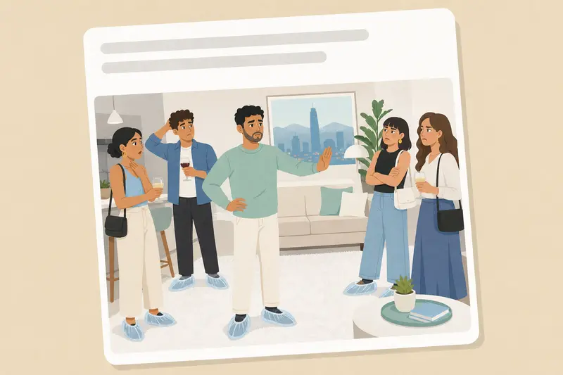 Cover illustration for AITJ for making my guests wear plastic shoe covers at my housewarming party?, B2 Spanish story