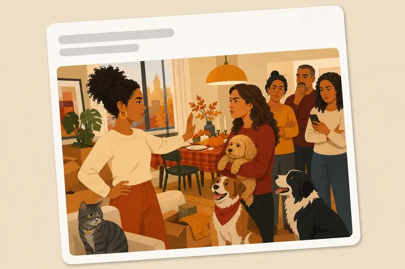 Cover illustration for AITJ for telling my sister her dogs can't come to my first Thanksgiving?, B1 Spanish story