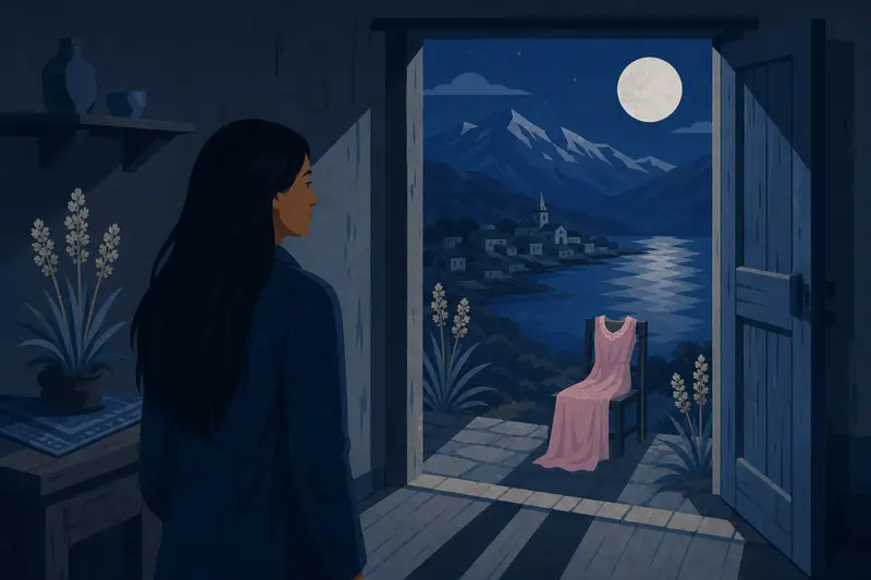 Cover illustration for The Dress at the Door, A0 Spanish story