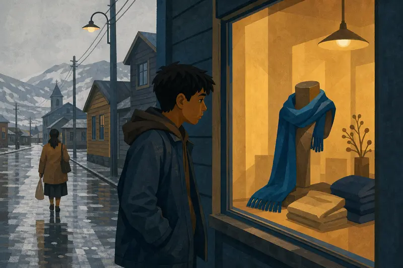 Cover illustration for The Blue Scarf in the Window, A0 Spanish story