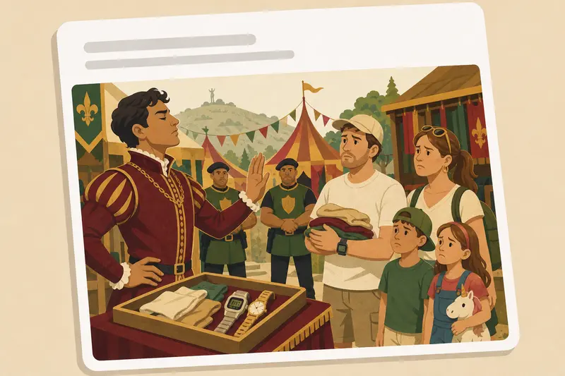 Cover illustration for AITJ for getting security to eject Renaissance Faire visitors wearing polyester and digital watches?, C2 Spanish story