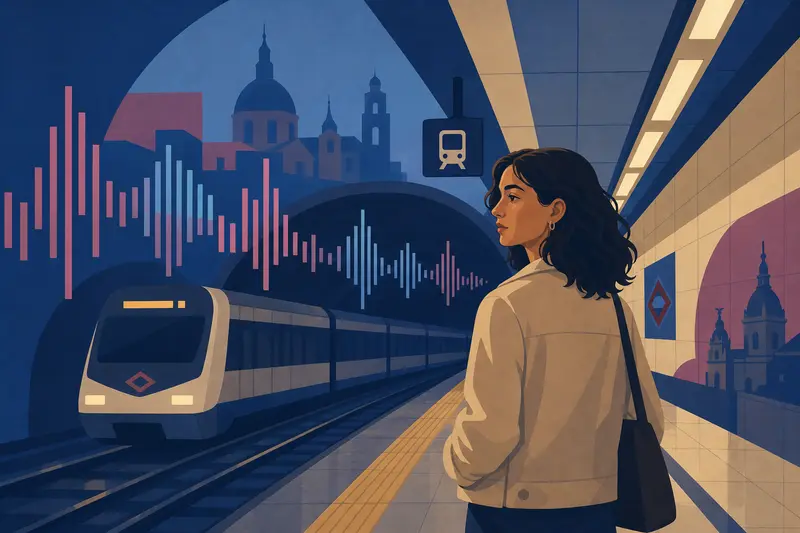 Cover illustration for The Voice on Platform Three, B1 Spanish story
