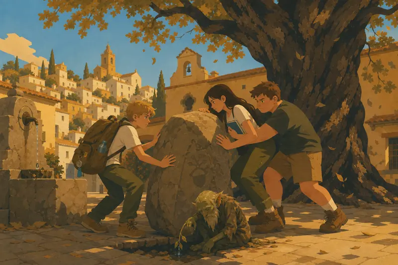 Cover illustration for The Stone with the Acorn, A1 Spanish story