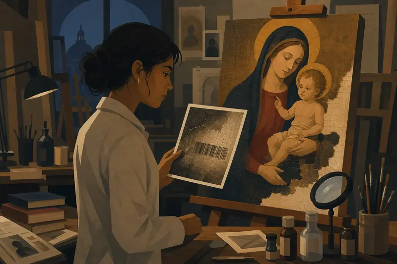 Cover illustration for The Barcode Beneath the Madonna, B2 Spanish story
