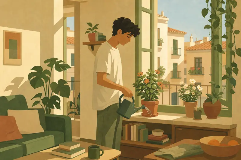 Cover illustration for The Quiet House, A0 Spanish story