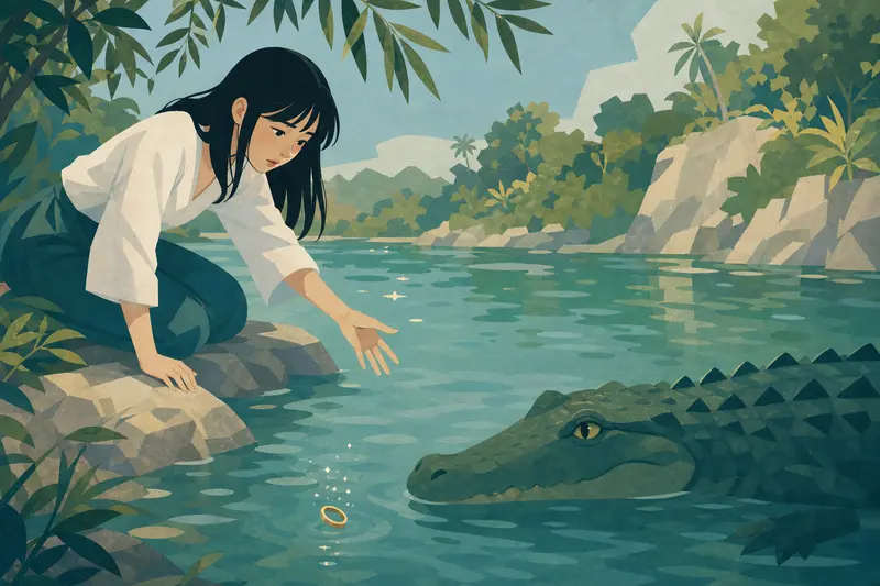 Cover illustration for The Ring in the River, A1 Spanish story