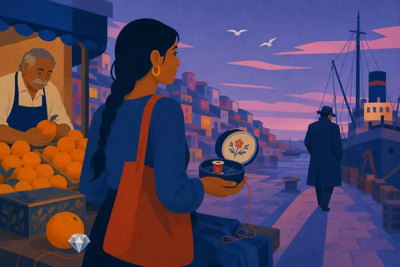 Cover illustration for The Orange with the Red Thread, A1 Spanish story