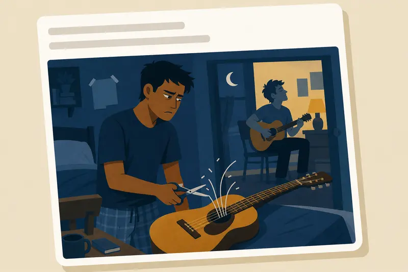 Cover illustration for AITJ for cutting my roommate's guitar strings?, A0 Spanish story