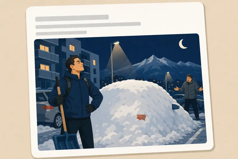 Cover illustration for AITJ for burying my neighbor's car under a mountain of snow after he stole the parking spot I spent an hour shoveling?, B2 Spanish story