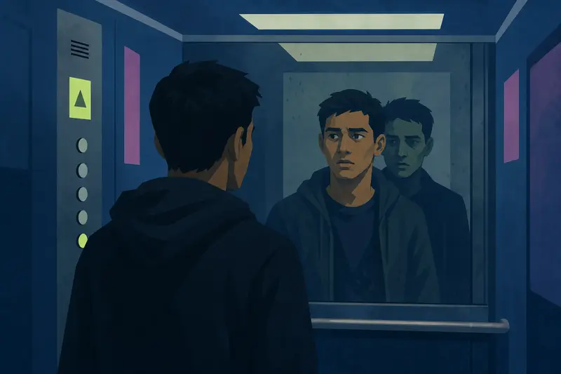 Cover illustration for The Face Behind You, A1 Spanish story