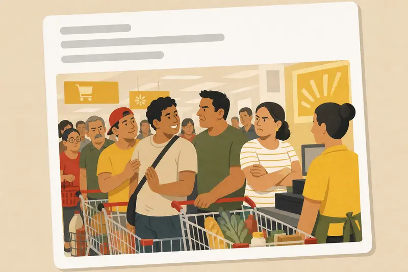 Cover illustration for AITJ for cutting in line at the supermarket to stand with my friend?, A1 Spanish story