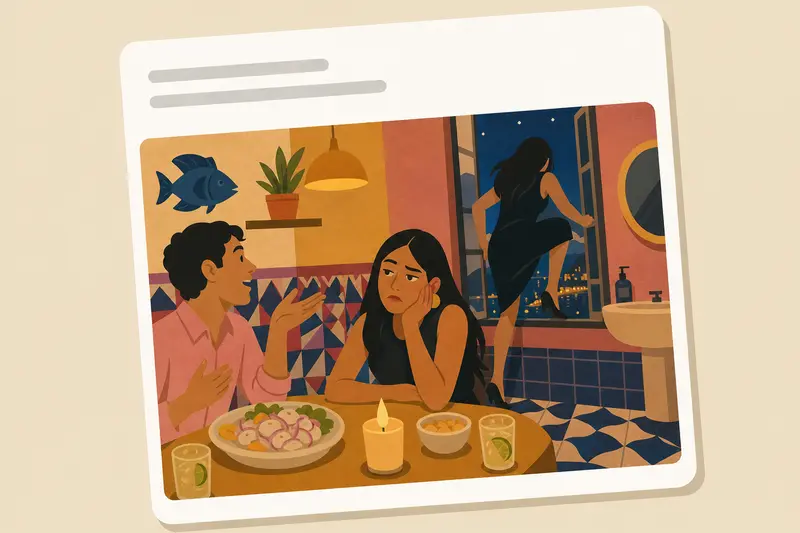 Cover illustration for AITJ for climbing out of a bathroom window during a blind date?, B1 Spanish story
