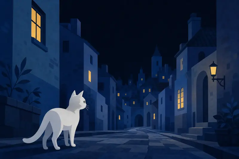 Cover illustration for The White Cat and the Missing Moon, A1 Spanish story