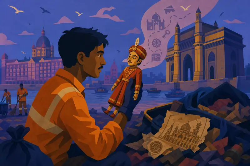 Cover illustration for The Whispering Puppet of Mumbai, B2 Spanish story