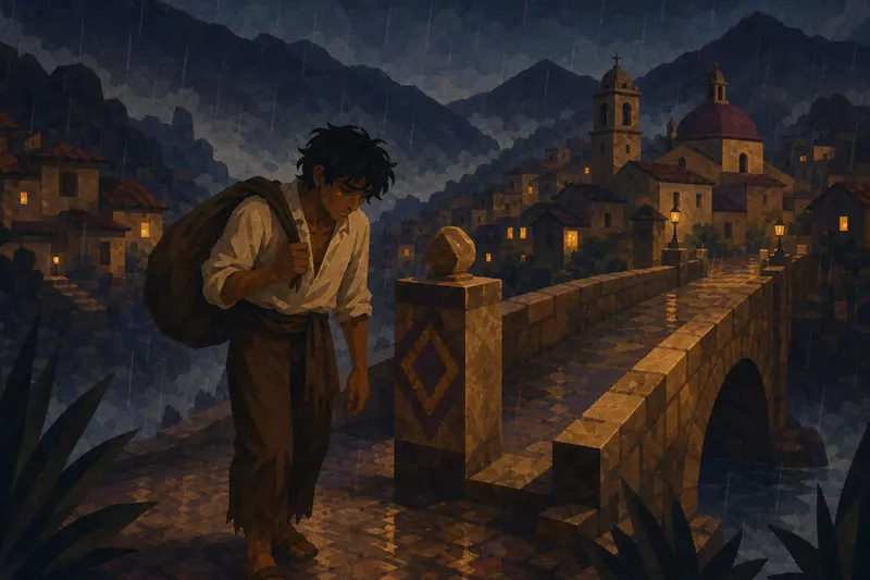 Cover illustration for The Bridge That Would Not Let Him Pass, B1 Spanish story