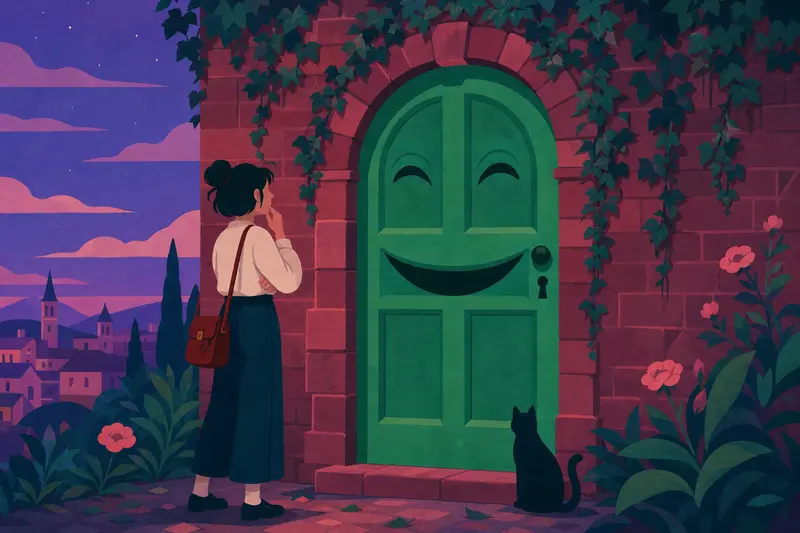 Cover illustration for The Green Door That Laughs, A1 Spanish story