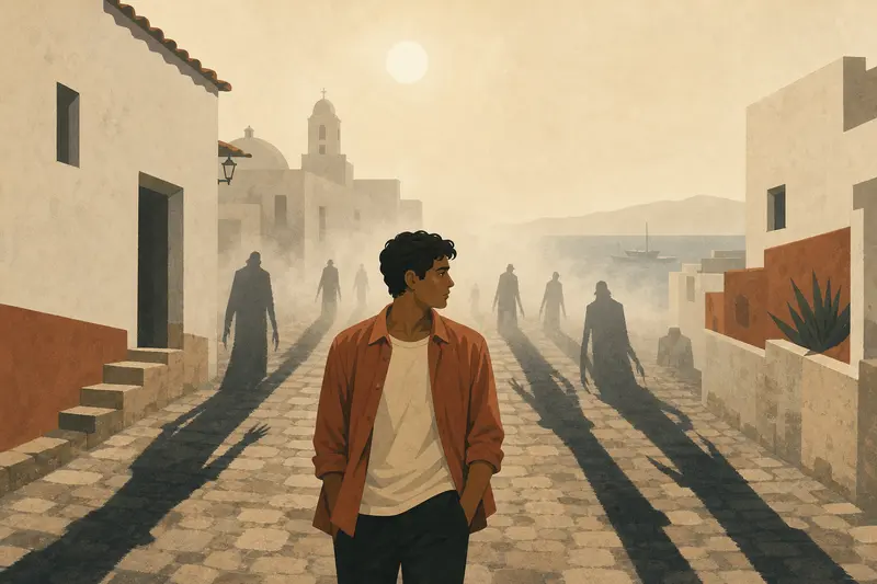 Cover illustration for The Noon Shadows, B2 Spanish story