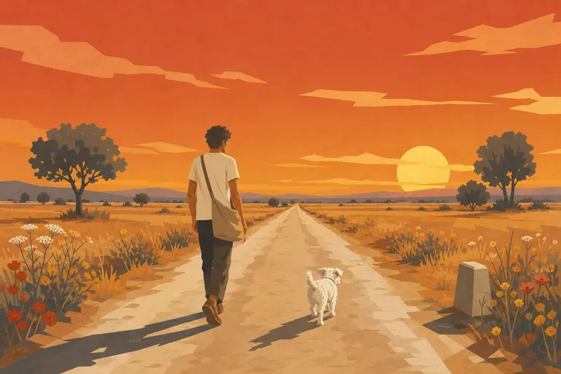 Cover illustration for The Sun, the Dog, and the Long Road, A0 Spanish story