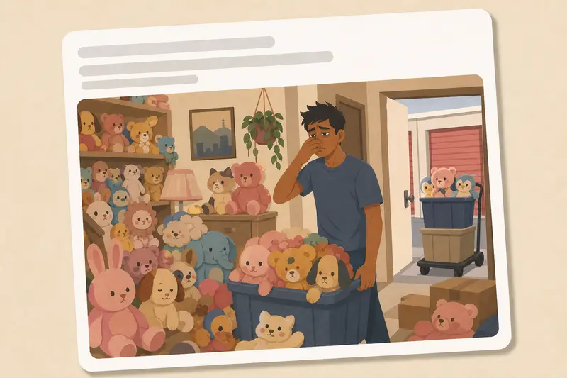 Cover illustration for AITJ for moving my roommate's 200+ vintage plush toys to a storage unit while she was on vacation because they were destroying my lungs?, C1 Spanish story